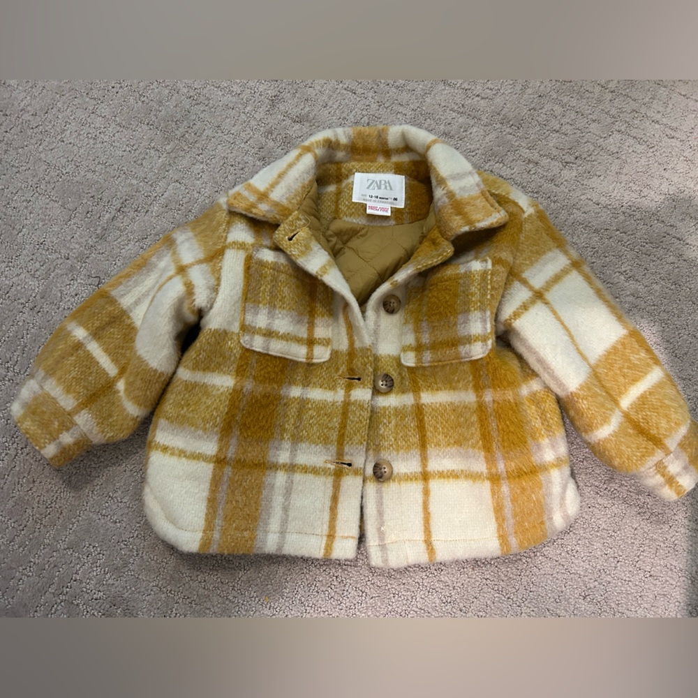 Zara Plaid Quilted Lined Shacket size 12-18M in mustard/ grey/ ivory